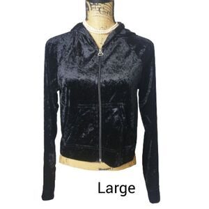 Girls Velour Hooded Jacket L Black Lightweight Chic Zip Up Jacket Pockets Lg
